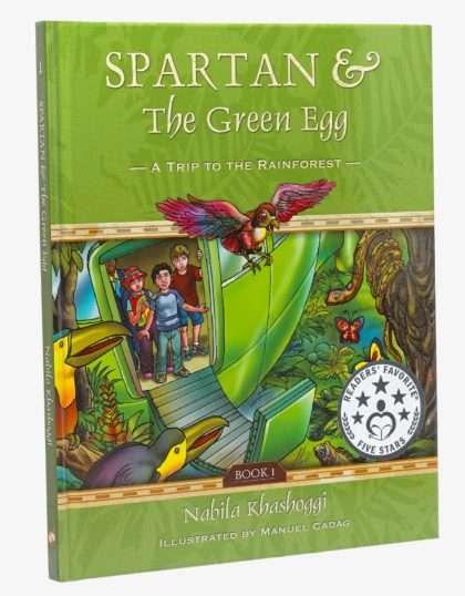Cover of Spartan and the Green Egg: A Trip to the Rain Forest by Nabila Khashoggi featuring kids in a green helicopter in the rainforest